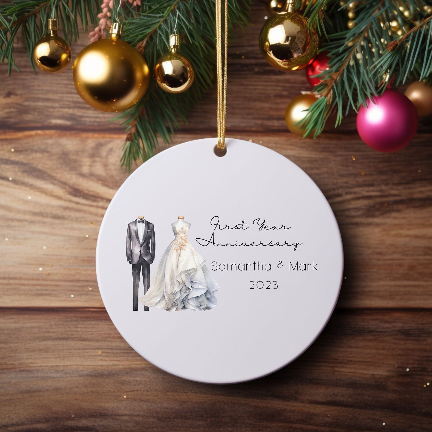 Personalized First Anniversary Bride & Groom Wedding Attire Ornament