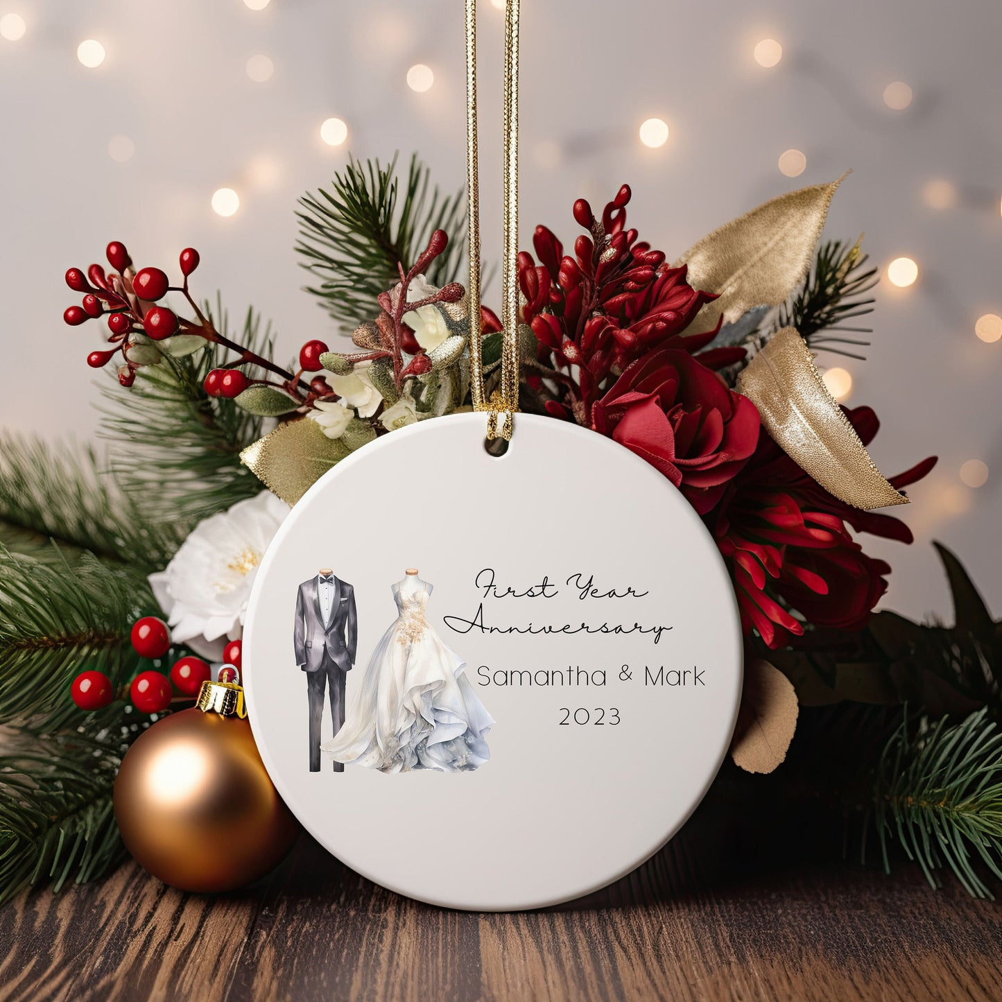 Personalized First Anniversary Bride & Groom Wedding Attire Ornament