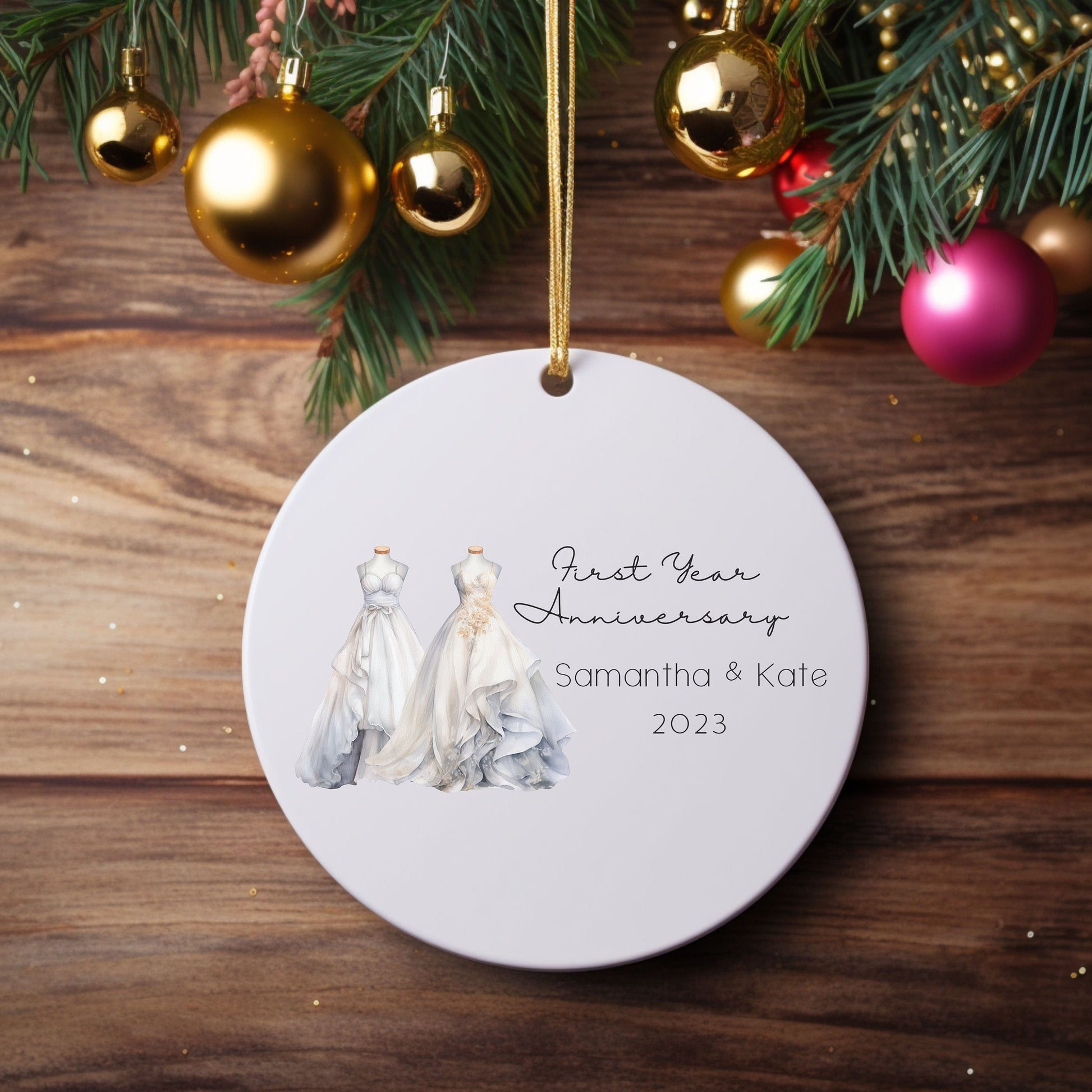 Personalized First Anniversary Mrs & Mrs Wedding Attire Ornament