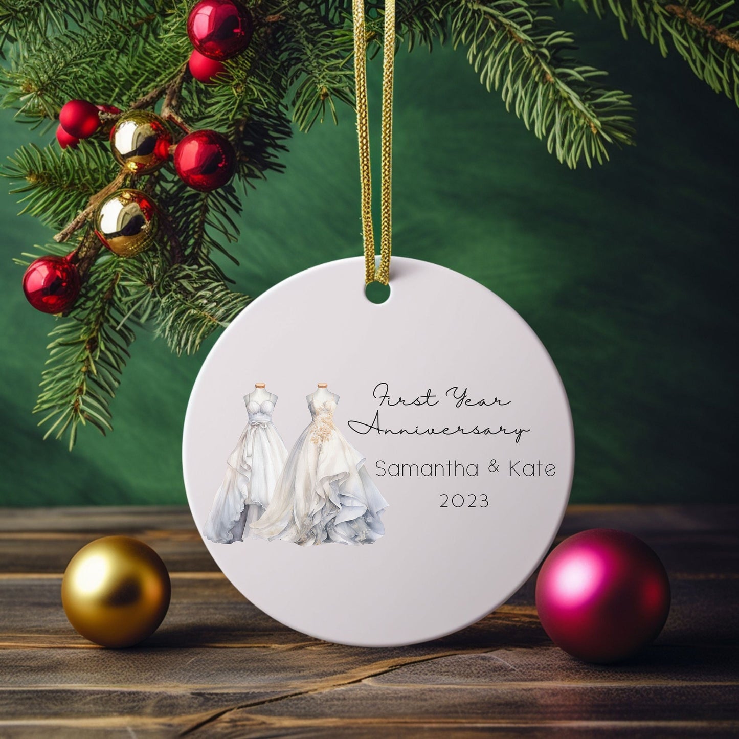 Personalized First Anniversary Mrs & Mrs Wedding Attire Ornament