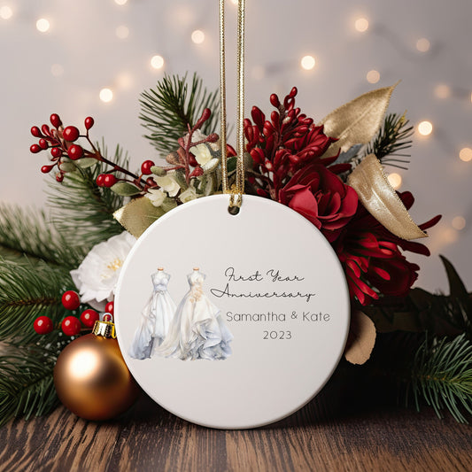 Personalized First Anniversary Mrs & Mrs Wedding Attire Ornament