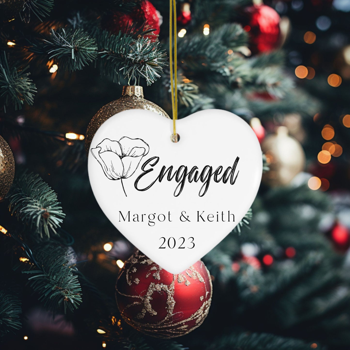 Personalized Minimalist Floral Engagement Ornament