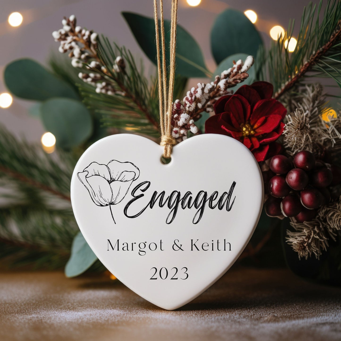 Personalized Minimalist Floral Engagement Ornament