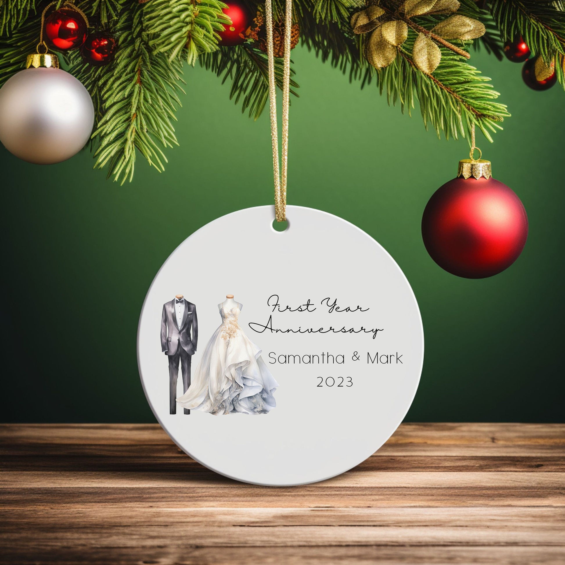 Personalized First Anniversary Bride & Groom Wedding Attire Ornament