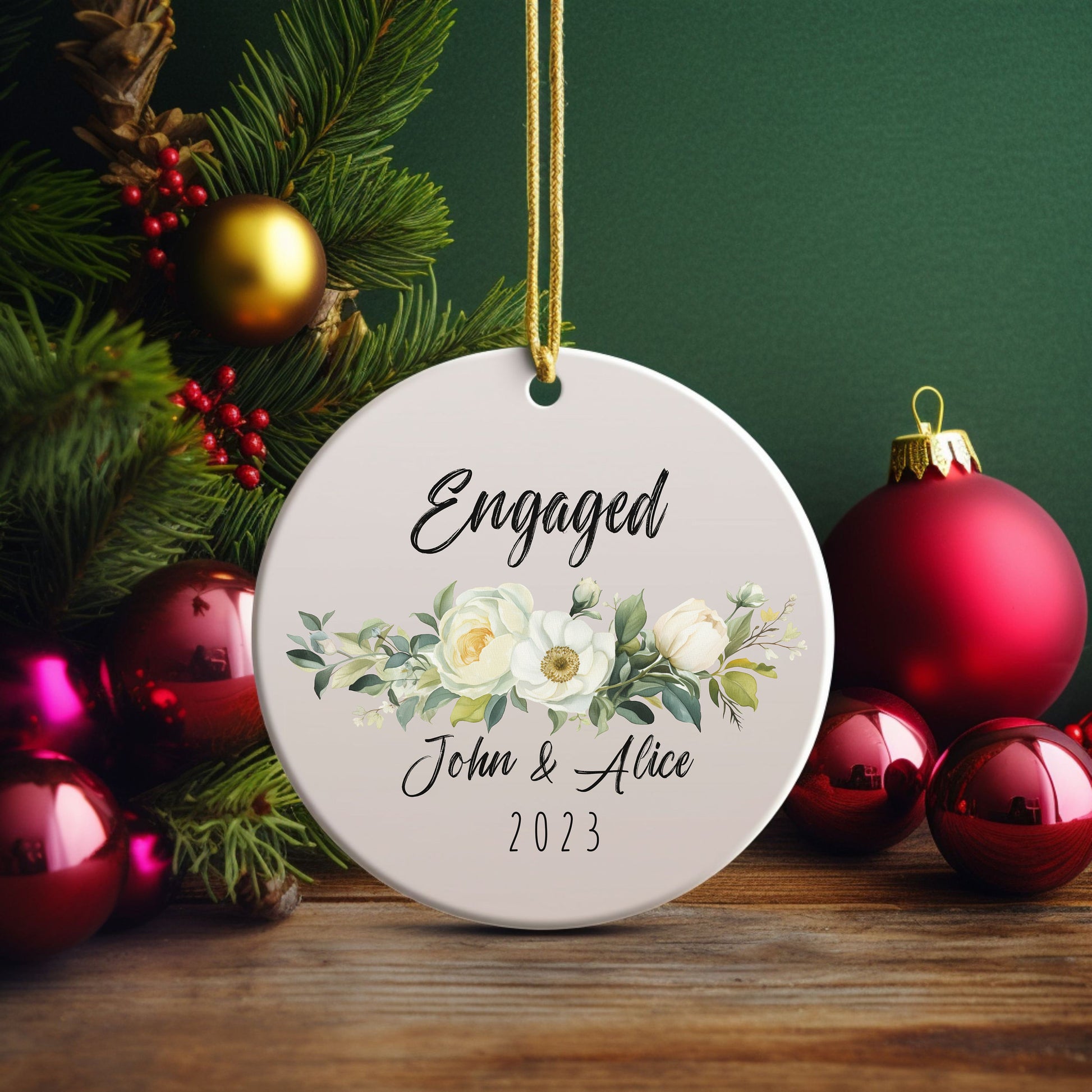 Personalized Floral Engagement Ornament