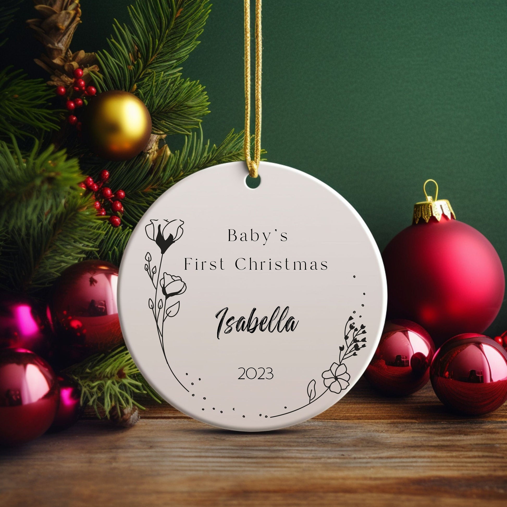 Baby's First Christmas Black Floral Ornament, Modern, New Baby Gift, Birth Announcement, baby name gift, Personalization, Baby Christmas