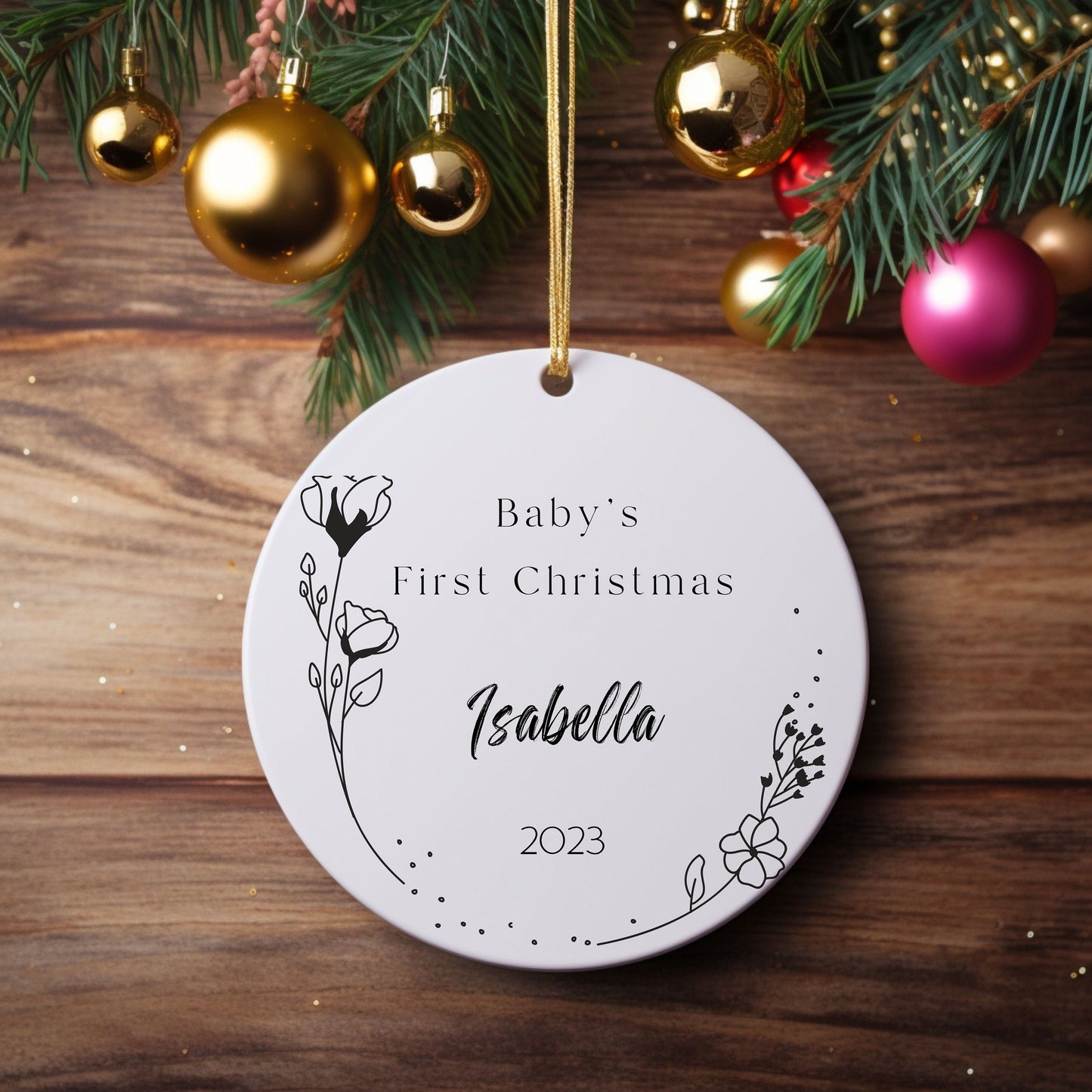 Baby's First Christmas Black Floral Ornament, Modern, New Baby Gift, Birth Announcement, baby name gift, Personalization, Baby Christmas