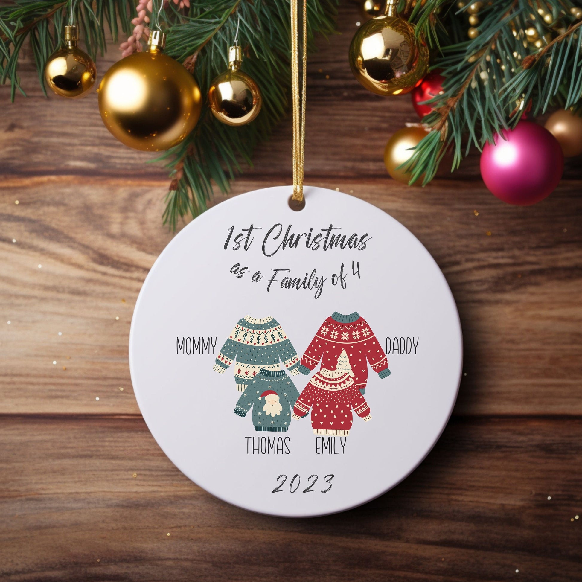 First Christmas Family of 3 Sweater Ornament