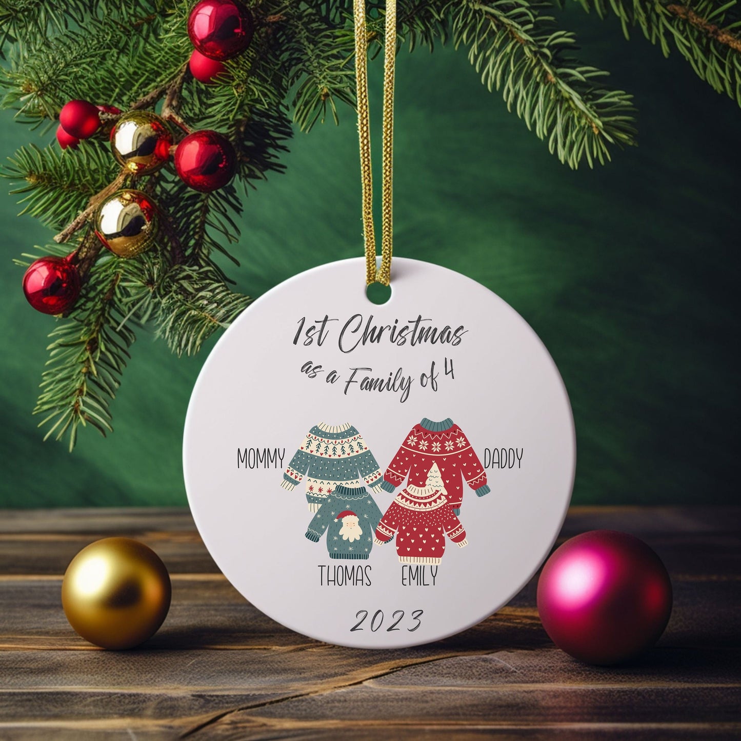 First Christmas Family of 3 Sweater Ornament