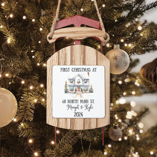 Personalized New Home Sled Ornament, Custom House Address Ornament, Housewarming Gift, Realtor Client Gift, Couples Home Ornament