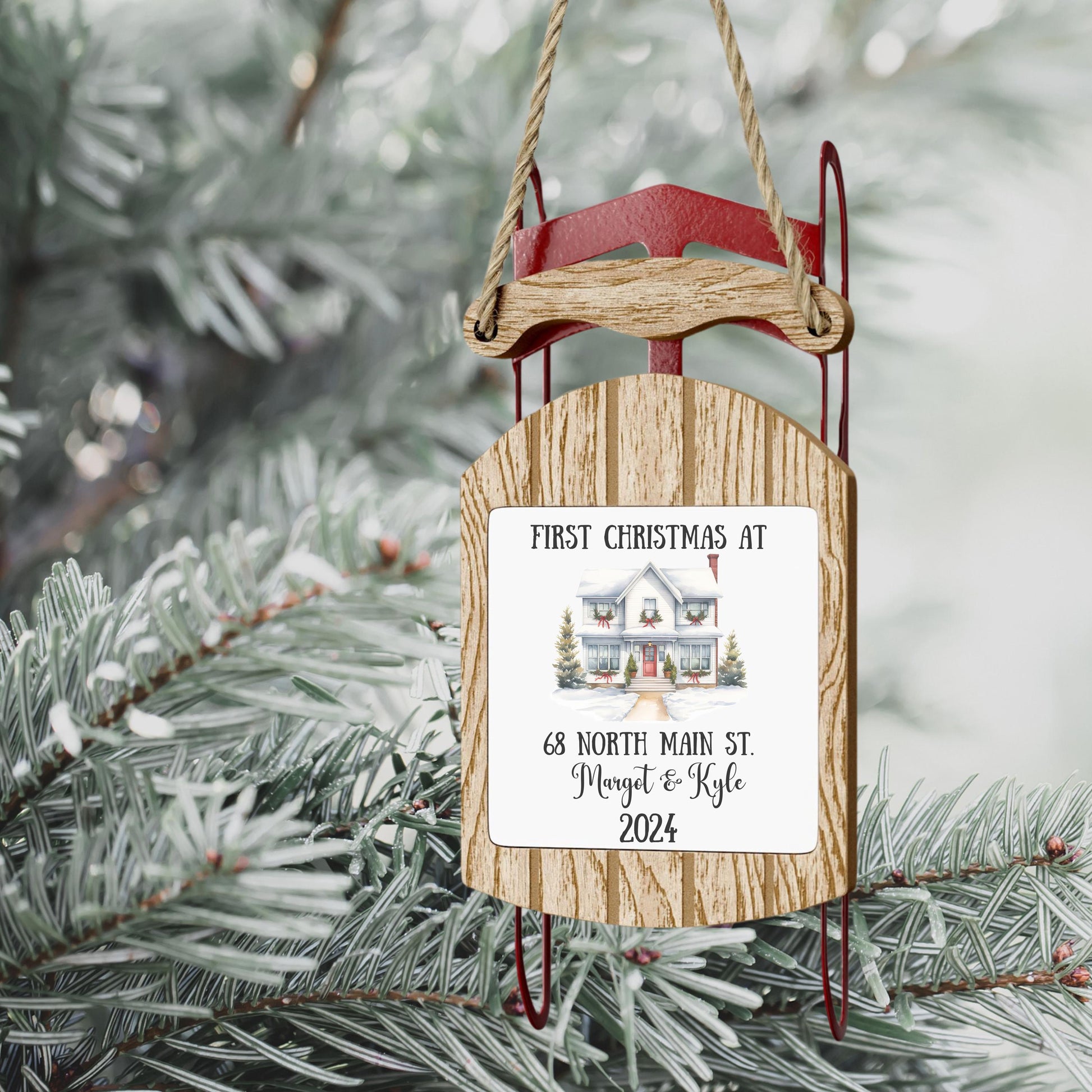 Personalized New Home Sled Ornament, Custom House Address Ornament, Housewarming Gift, Realtor Client Gift, Couples Home Ornament