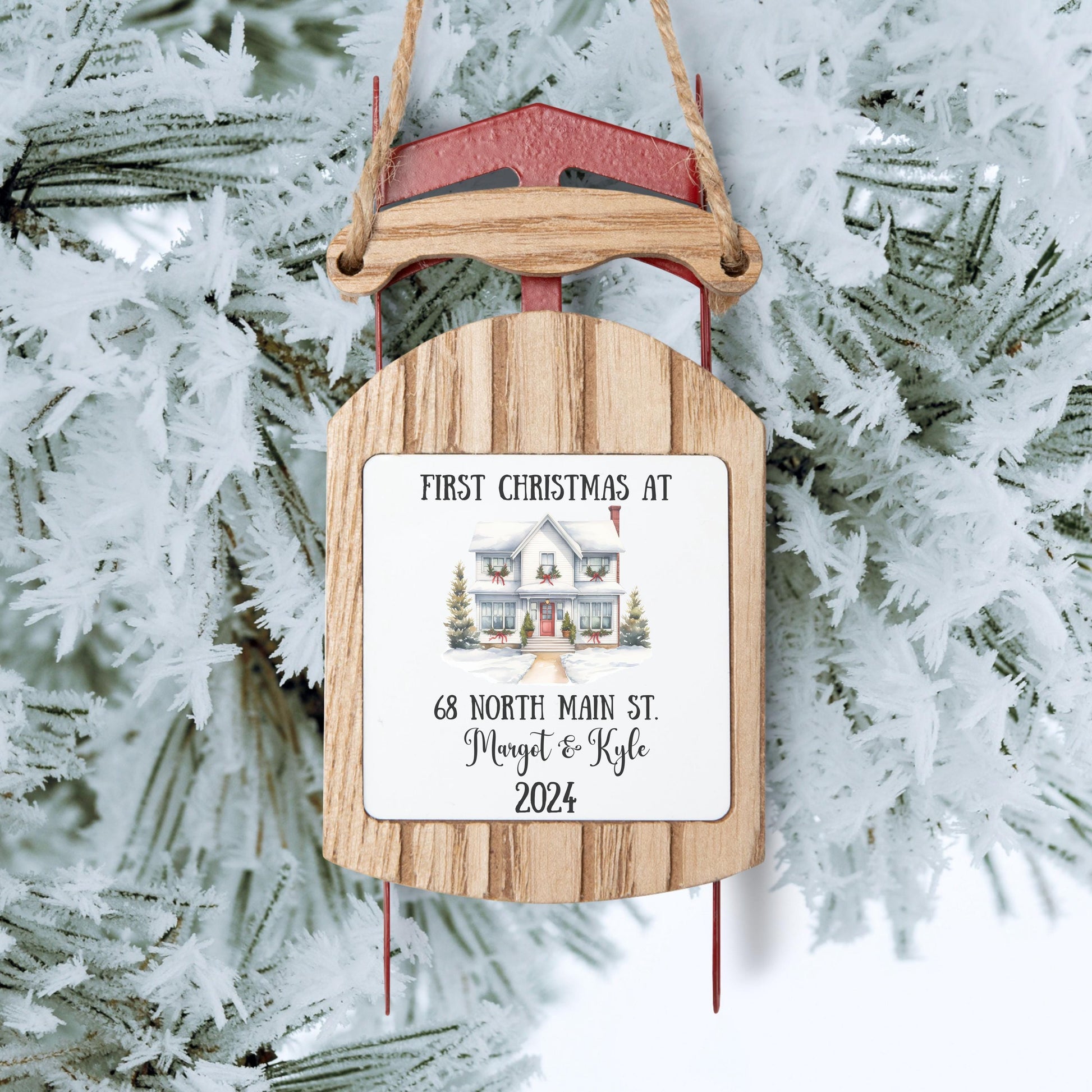 Personalized New Home Sled Ornament, Custom House Address Ornament, Housewarming Gift, Realtor Client Gift, Couples Home Ornament