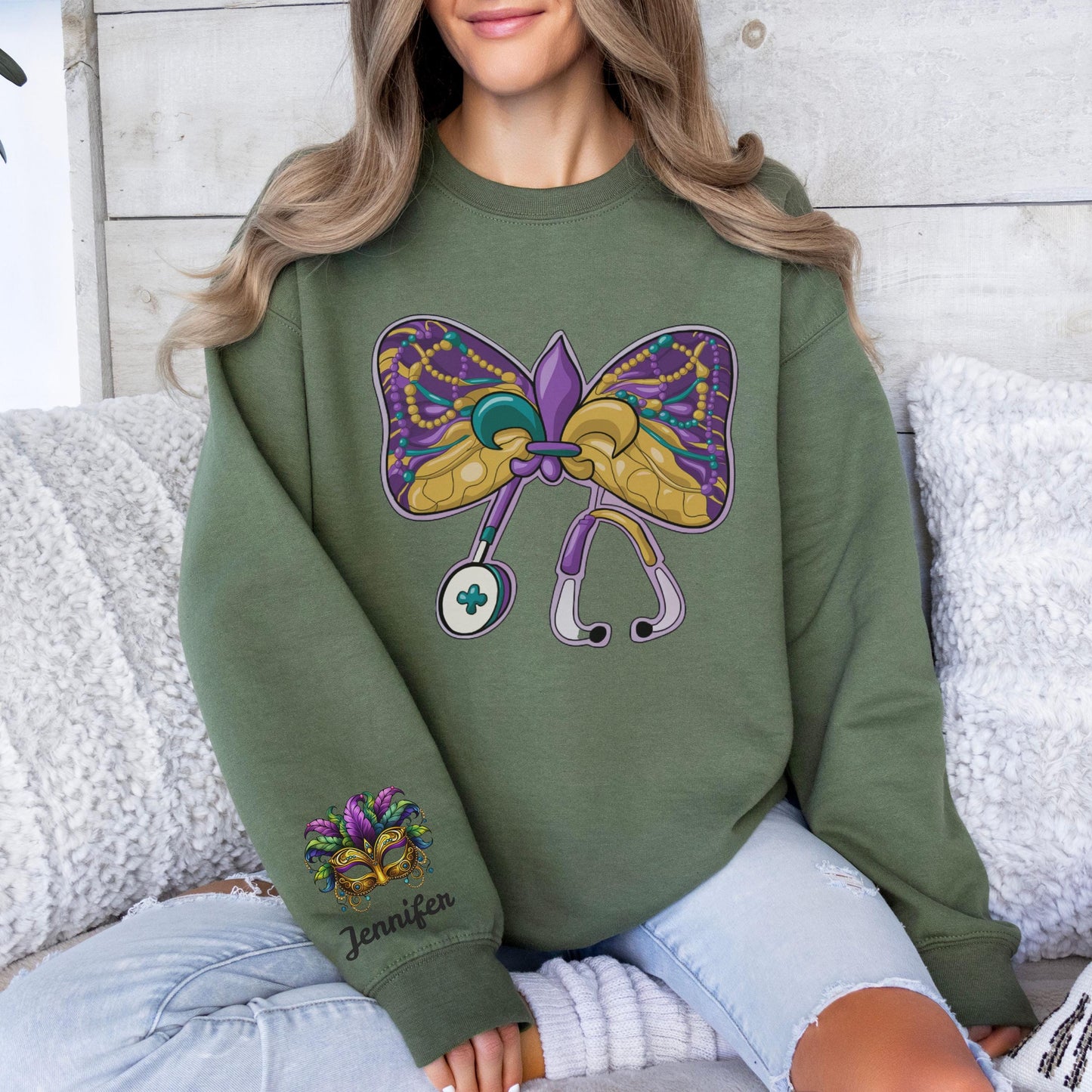 Personalized Mardi Gras Nurse Sweatshirt, Coquette Bow, Mardi Gras Shirt, Customized, Nursing Student, CNA, LPN RN, Mardi Gras Sweater