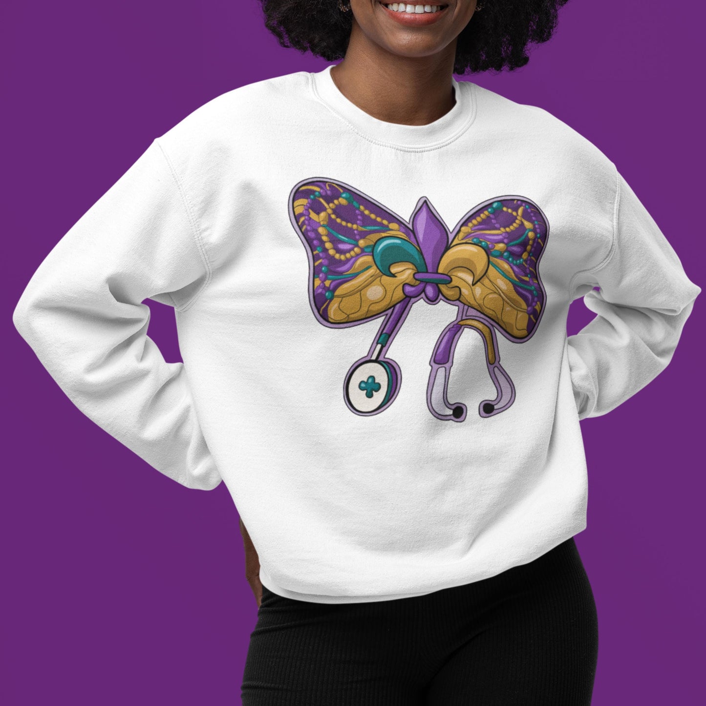 Personalized Mardi Gras Nurse Sweatshirt, Coquette Bow, Mardi Gras Shirt, Customized, Nursing Student, CNA, LPN RN, Mardi Gras Sweater