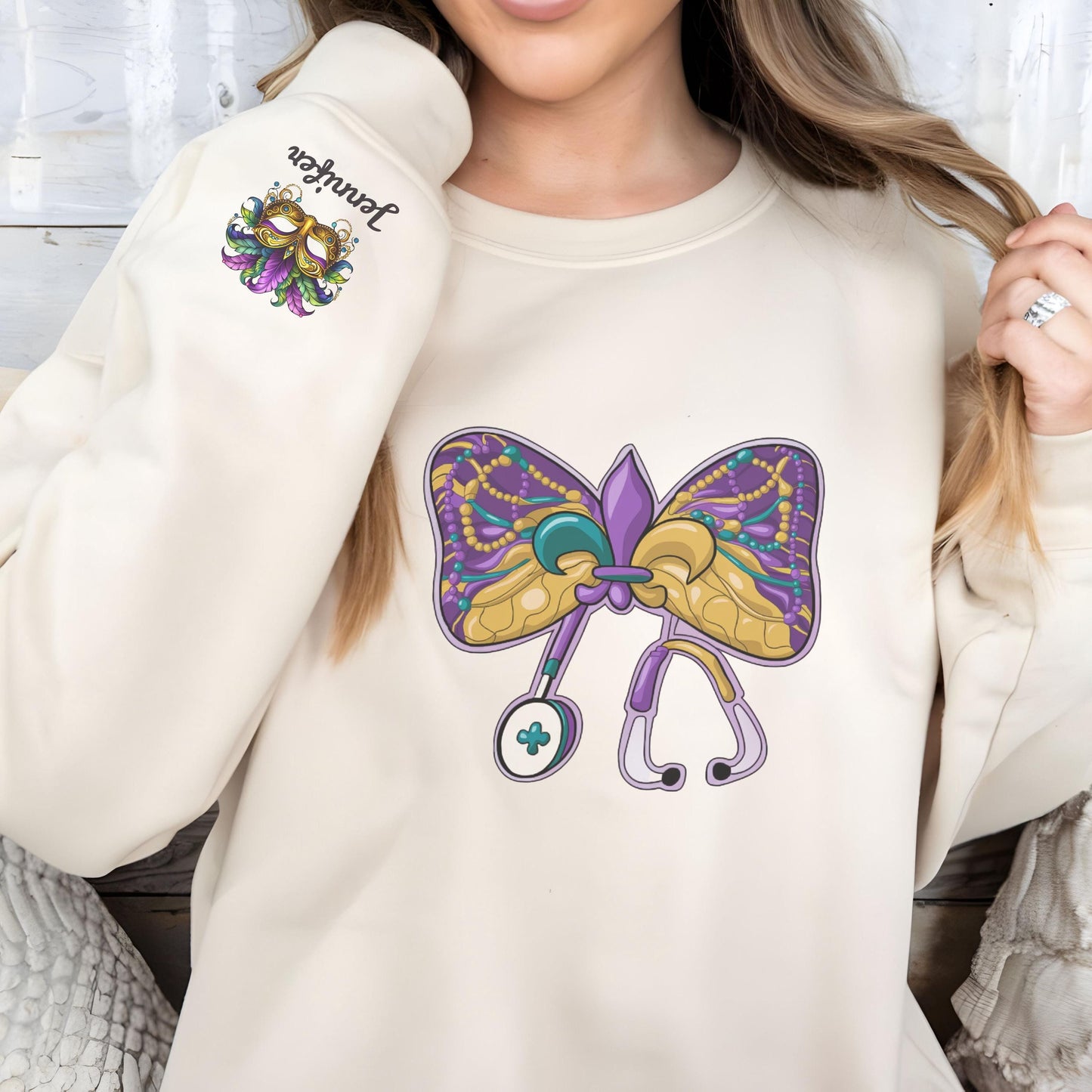 Personalized Mardi Gras Nurse Sweatshirt, Coquette Bow, Mardi Gras Shirt, Customized, Nursing Student, CNA, LPN RN, Mardi Gras Sweater