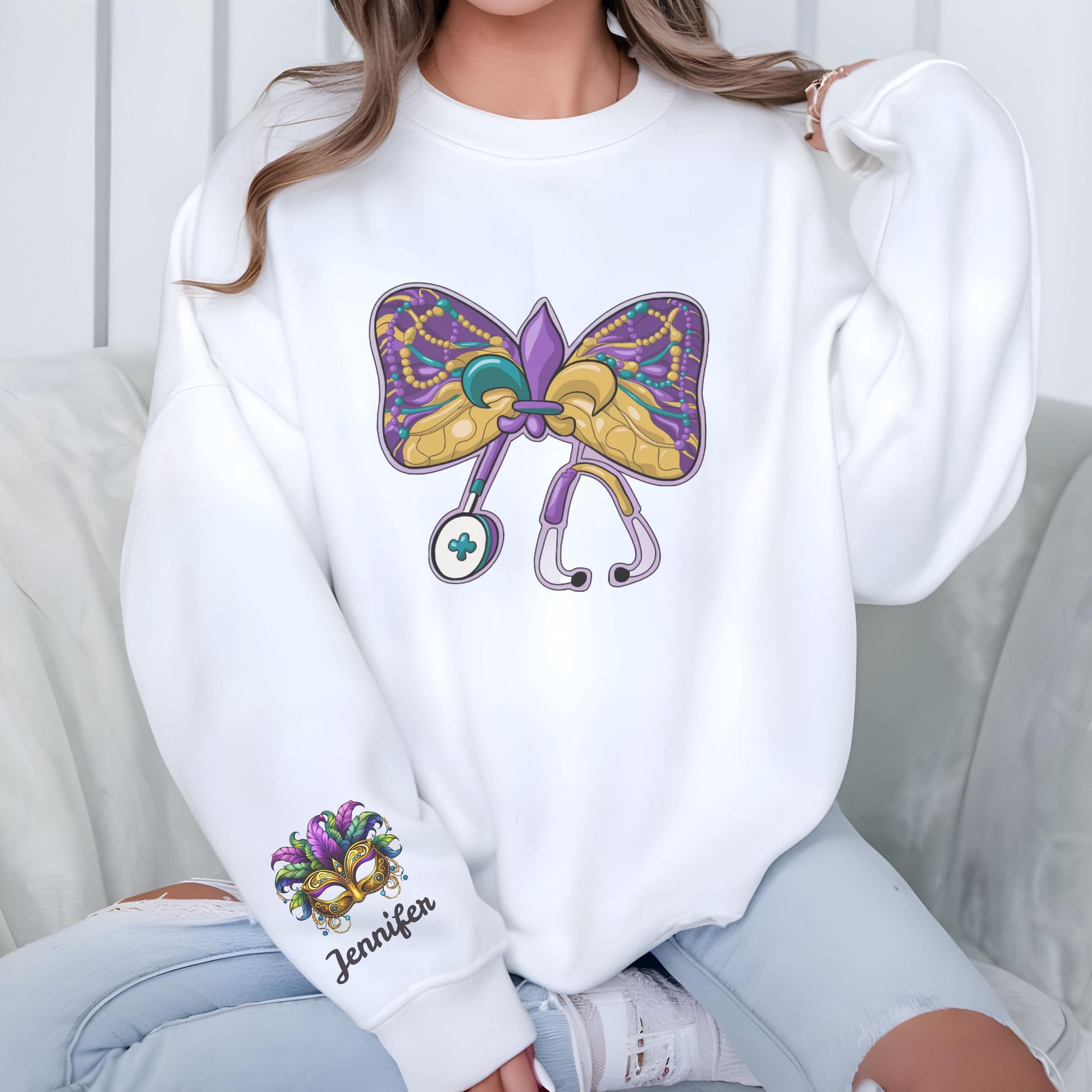 Personalized Mardi Gras Nurse Sweatshirt, Coquette Bow, Mardi Gras Shirt, Customized, Nursing Student, CNA, LPN RN, Mardi Gras Sweater