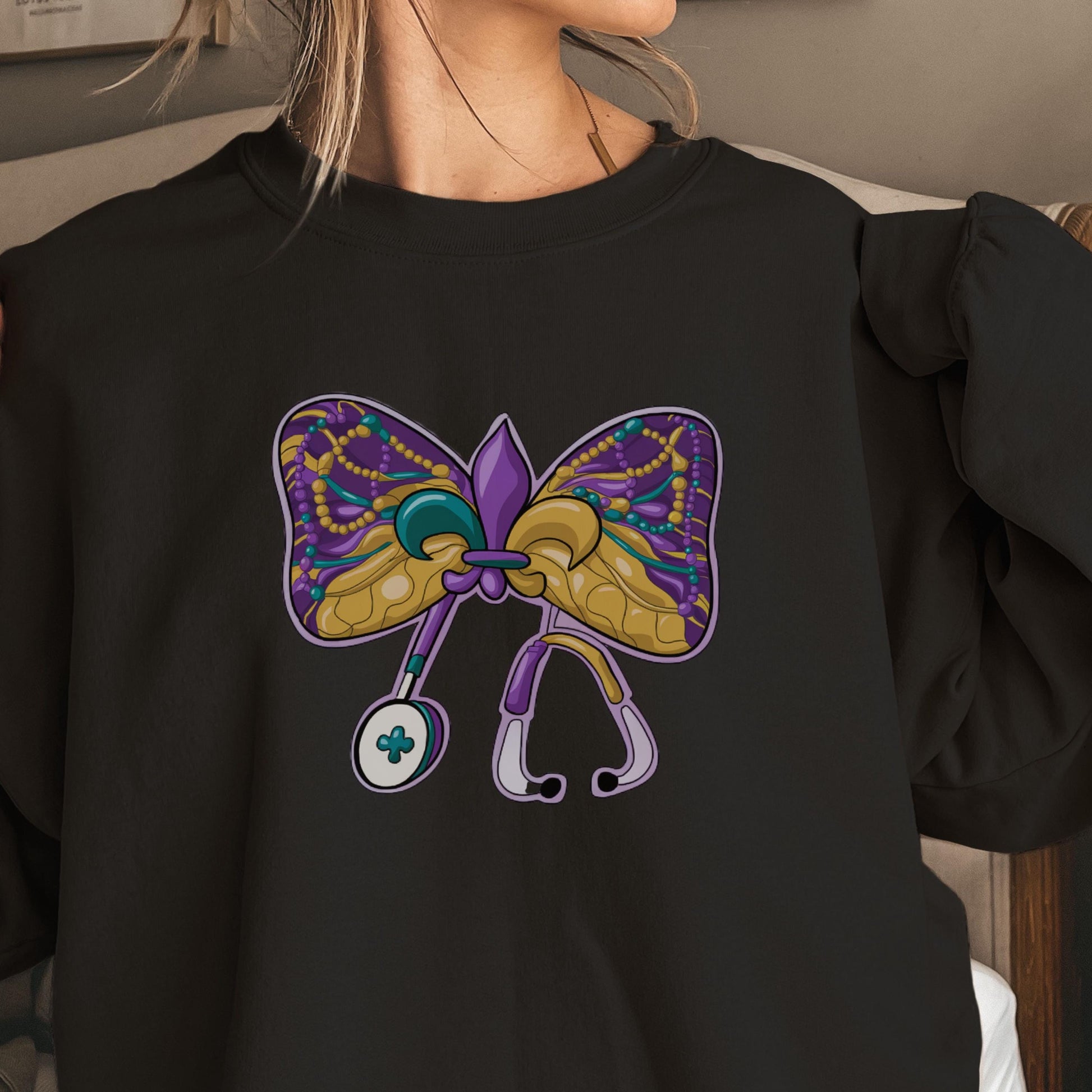 Personalized Mardi Gras Nurse Sweatshirt, Coquette Bow, Mardi Gras Shirt, Customized, Nursing Student, CNA, LPN RN, Mardi Gras Sweater